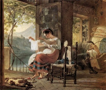 Italiano esperando un hijo mirando la camisa de su marido improvisando una cuna Karl Bryullov Pinturas al óleo
